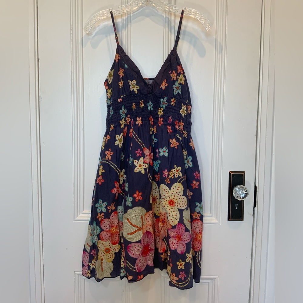 Temt Navy Blue With Spring Flowers Spagetti Strap V Neck Midi Dress - Size 10